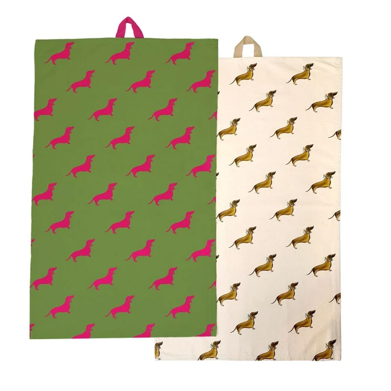 KERA TILL - Geschirrtuch Set Dackel (Pink auf Waldgrün / Braun auf Sand)