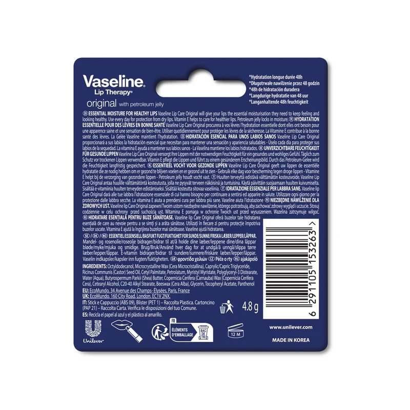 Vaseline Lip Therapy das Original, Pflegender Lippenbalsam, Lippenstift mit Vitamin E und Vaselinegel