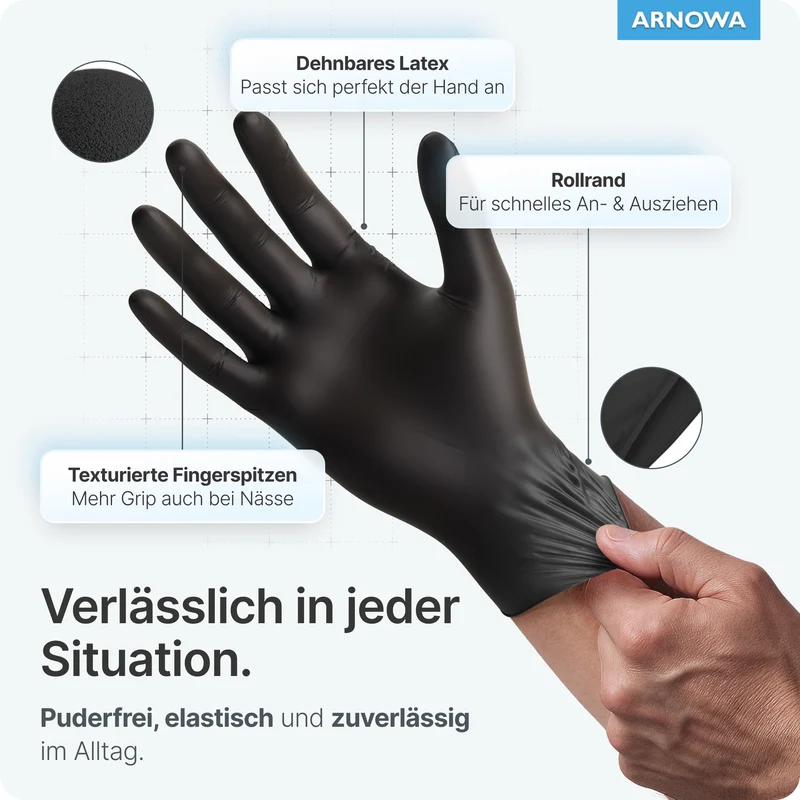 ARNOMED LATEX BLACK Puderfreie Einmalhandschuhe aus Latex in Schwarz