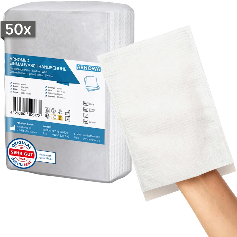 ARNOMED Einmalwaschhandschuhe aus Molton, 75g/m², Dermatest | Beutel (50 Stück)