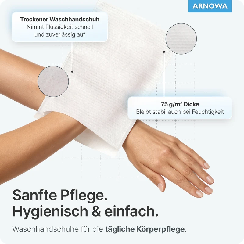 ARNOMED Einmalwaschhandschuhe aus Molton, 75g/m², Dermatest | Beutel (50 Stück)