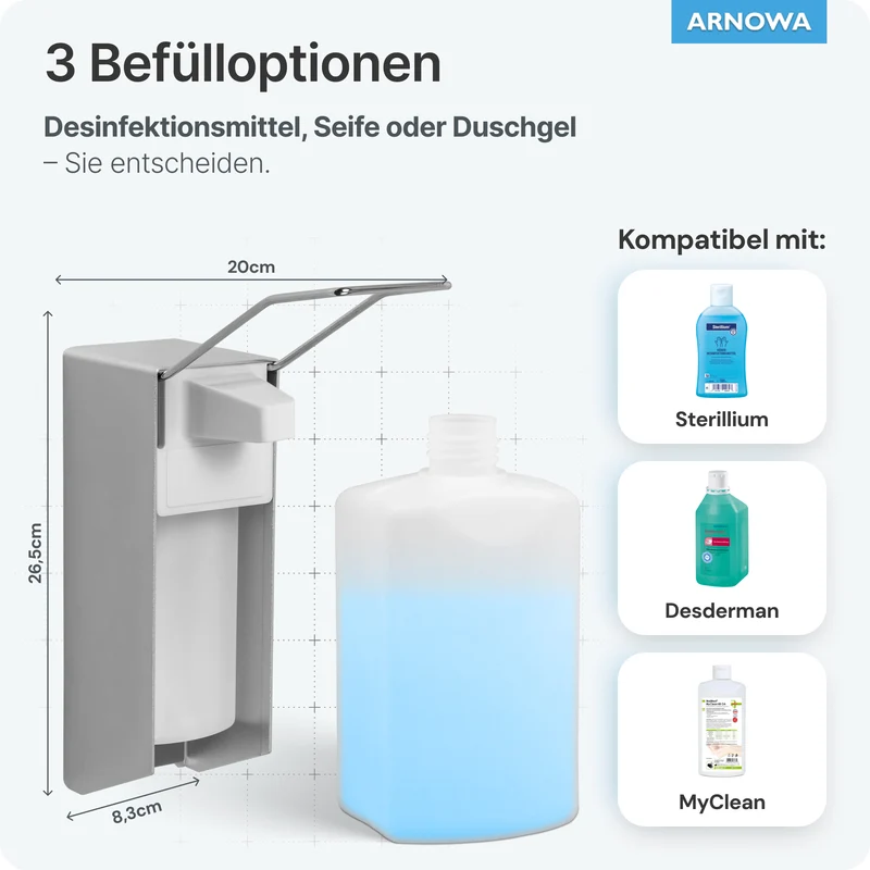 ARNOMED DISPENSER Manueller Seifen- und Desinfektionsmittelspender aus Aluminium