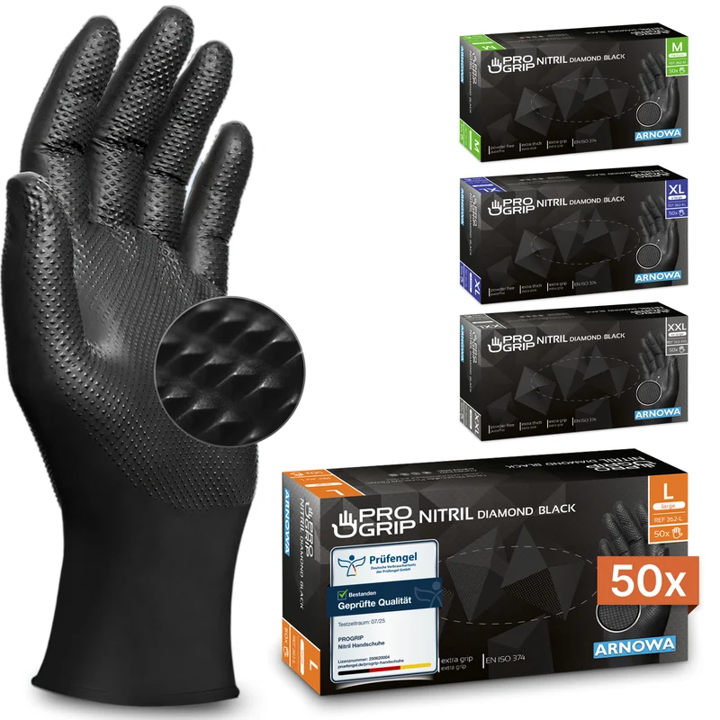 PROGRIP NITRIL DIAMOND BLACK Reißfeste Einmalhandschuhe aus Nitril mit Diamantstruktur in Schwarz