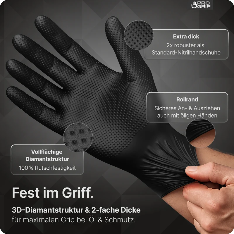 PROGRIP NITRIL DIAMOND BLACK Reißfeste Einmalhandschuhe aus Nitril mit Diamantstruktur in Schwarz