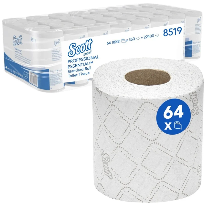 Scott® Essential™ Toilettenpapier - Kleinrollen / Weiß - 8 Packs x 8 small rolls x 350 Toilet Tissue Sheets | Karton (8 Päckchen)