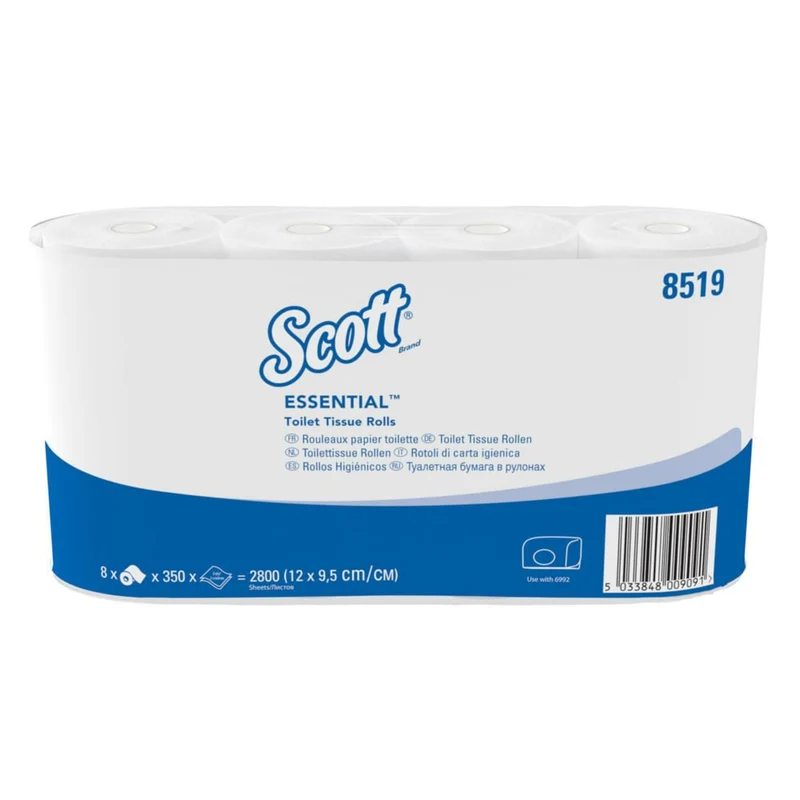 Scott® Essential™ Toilettenpapier - Kleinrollen / Weiß - 8 Packs x 8 small rolls x 350 Toilet Tissue Sheets | Karton (8 Päckchen)