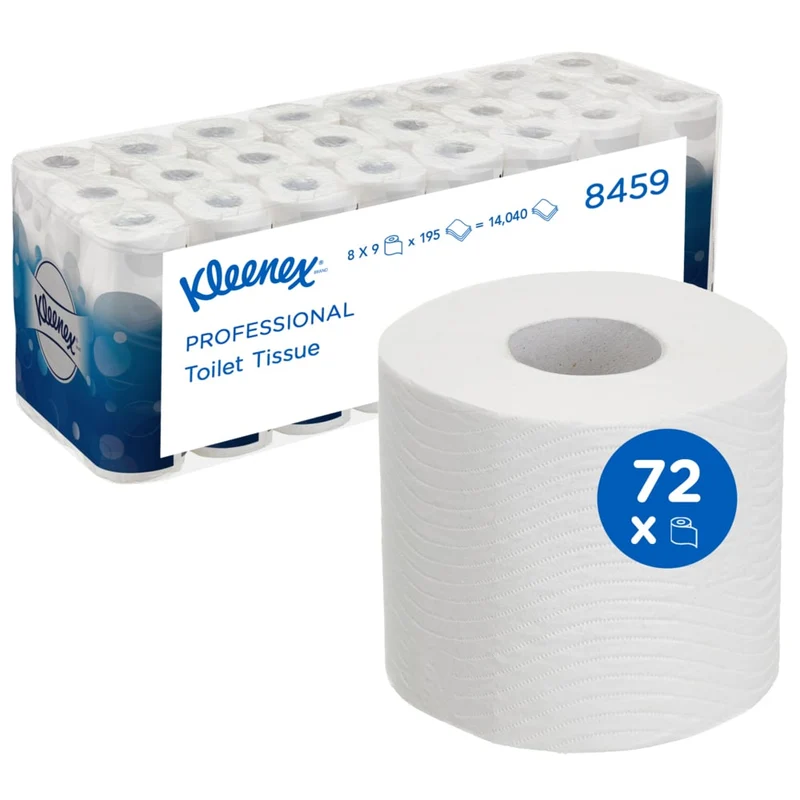 Kleenex® Toilettenpapierrollen - Kleinrollen / Weiß - 8 Packs x 9 small rolls x 195 Toilet Tissue Sheets | Karton (8 Päckchen)