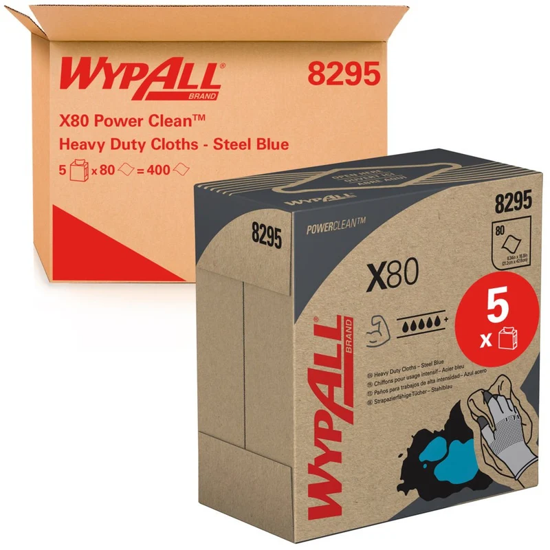 WypAll® X80 PowerClean - Zupfbox / Stahlblau - 5 Boxes x 80 Sheets | Karton (5 Boxen)