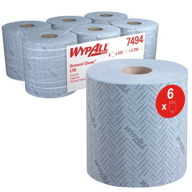 WypAll® L10 Papierwischtuch für Lebensmittel & Hygiene - Centrefeed for Reach+™ / Blau - 6 Rolls x 630 Sheets | Karton (6 Rollen)