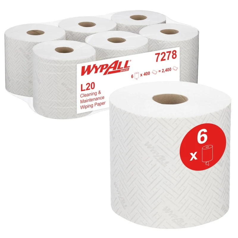 WypAll® L20 Papierwischtuch für Instandhaltungsarbeiten - Zentralentnahme / Weiß - 6 Rolls x 400 Sheets | Karton (6 Rollen)