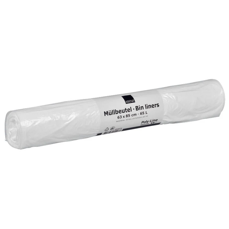 Müllbeutel 65 L, 630x850 mm, 13 my LDPE, Weiß | Rolle (40 Beutel)
