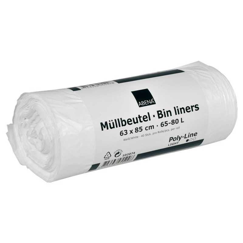 Müllbeutel 65-80 L, 630x850 mm, 8 my HDPE, Weiß | Rolle (40 Beutel)