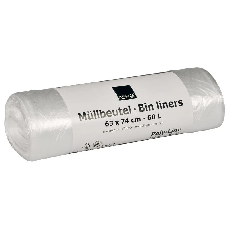 Müllbeutel 60 L, 630x740 mm, 5,5 my HDPE, Transparent | Rolle (50 Beutel)