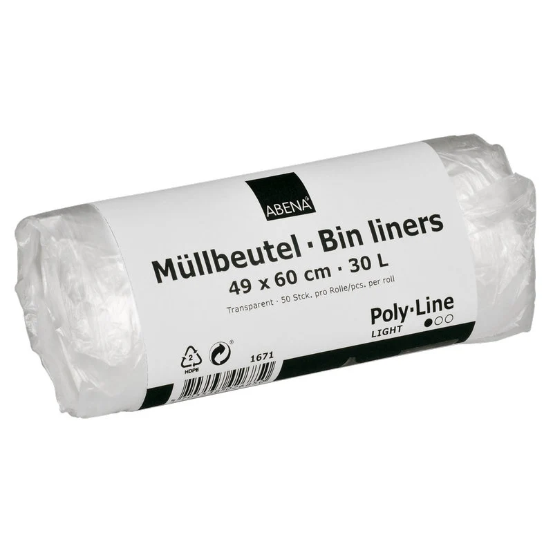 Müllbeutel 30 L, 490x600 mm, 4,5 my HDPE, Transparent | Rolle (50 Beutel)