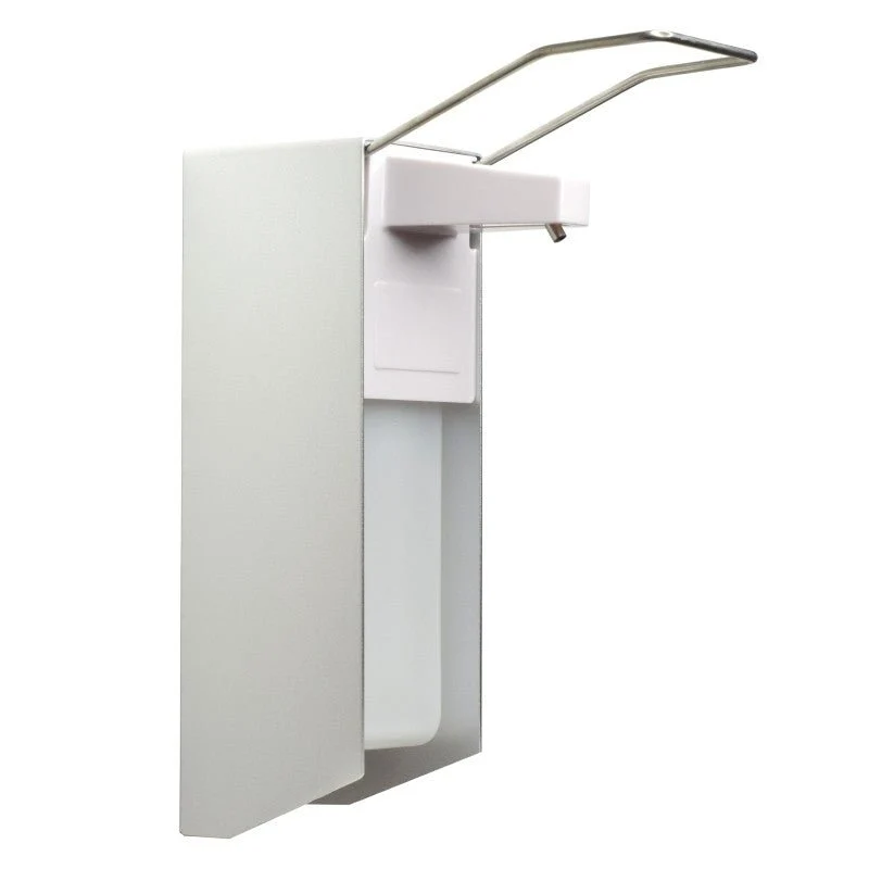 NITRAS Desinfektionsmittelspender mit Armhebel, Aluminium / Kunststoff, silber / weiß, inkl. Wandbefestigungsmaterial, für 1000 ml Flaschen | Packung (1 Stück)