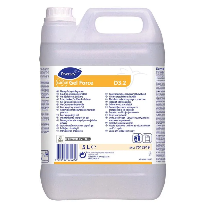 Suma Gel Force D3.2, Hochwirksamer, gelförmiger Fettlöser mit verlängerter Kontaktzeit, umweltzertifiziert | Flasche (5 l)