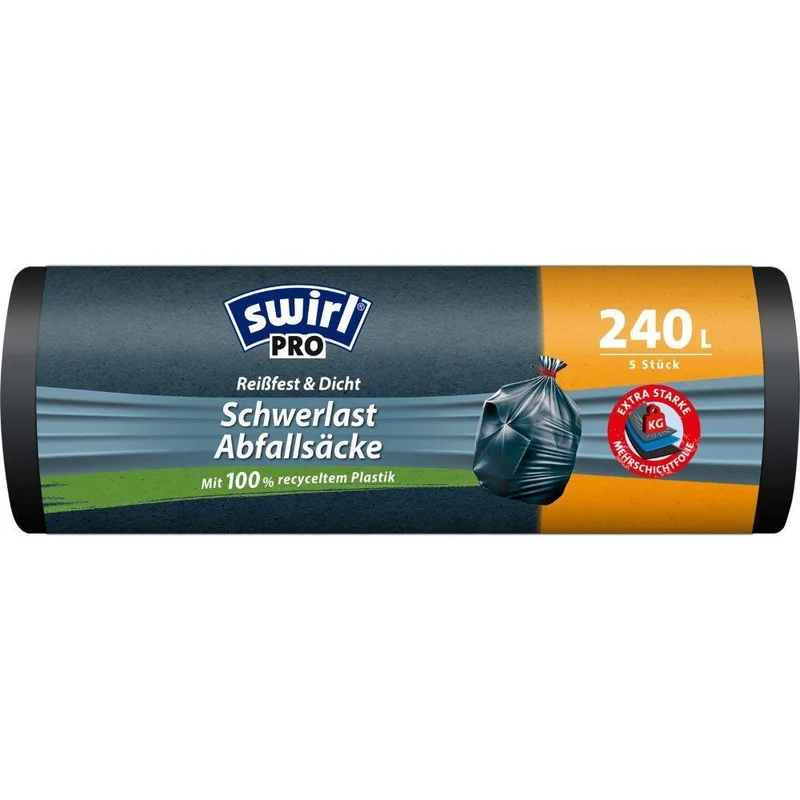 Swirl Schwerlast-Säcke Profi mit Zugband 240 l Reißfest & Dicht | Rolle (5 Beutel)