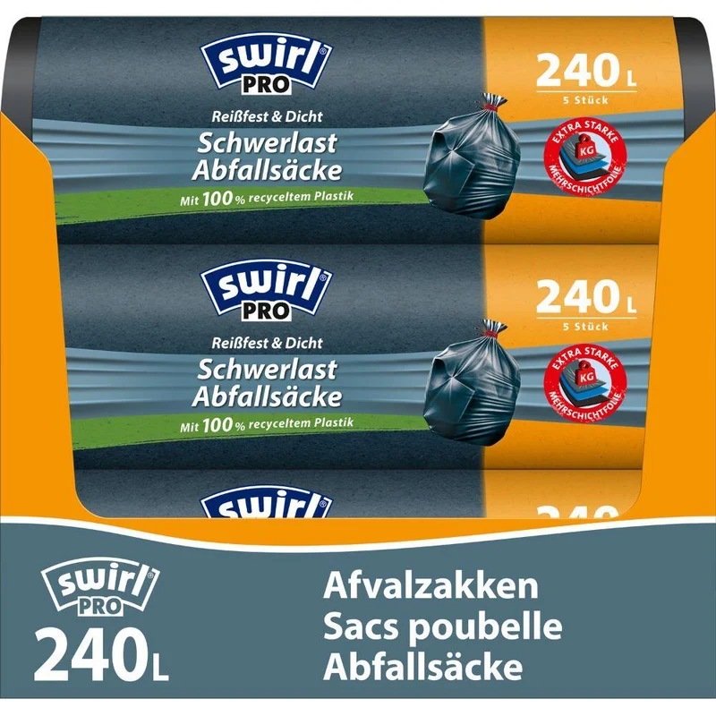 Swirl Schwerlast-Säcke Profi mit Zugband 240 l Reißfest & Dicht | Rolle (5 Beutel)