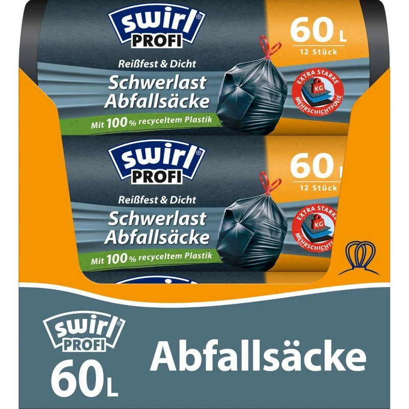Swirl Schwerlast-Säcke Profi mit Zugband 60 l Reißfest & Dicht | Rolle (12 Beutel)