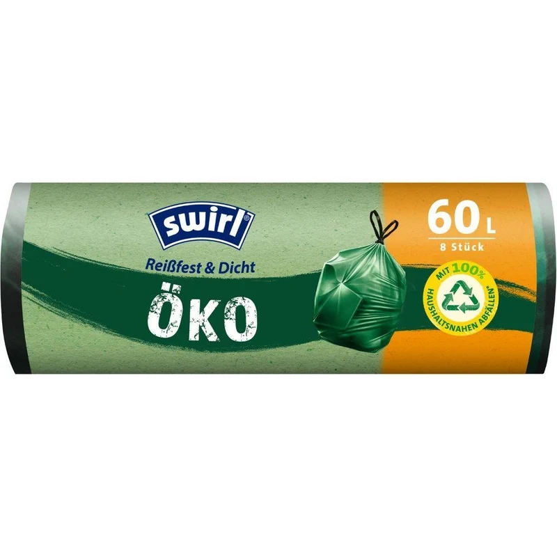 Swirl Öko-Müllbeutel mit Zugband 60 l Reißfest & Dicht | Rolle (8 Beutel)