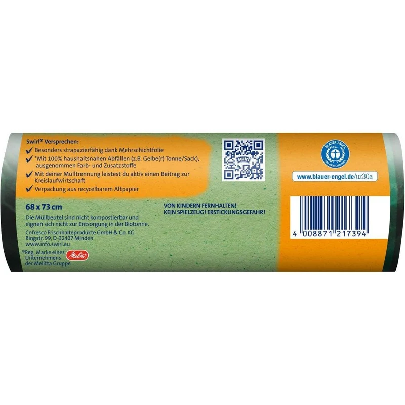 Swirl Öko-Müllbeutel mit Zugband 60 l Reißfest & Dicht | Rolle (8 Beutel)