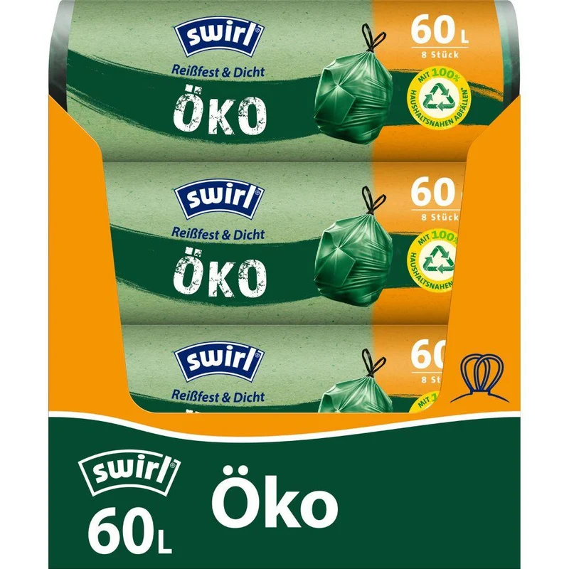 Swirl Öko-Müllbeutel mit Zugband 60 l Reißfest & Dicht | Rolle (8 Beutel)