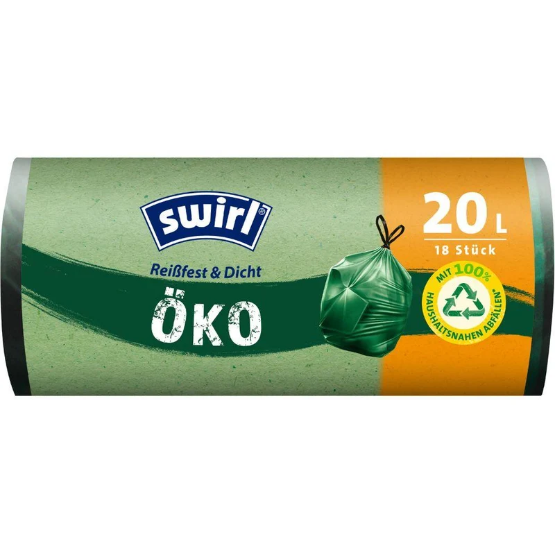 Swirl Öko-Müllbeutel mit Zugband 20 l Reißfest & Dicht | Rolle (18 Beutel)