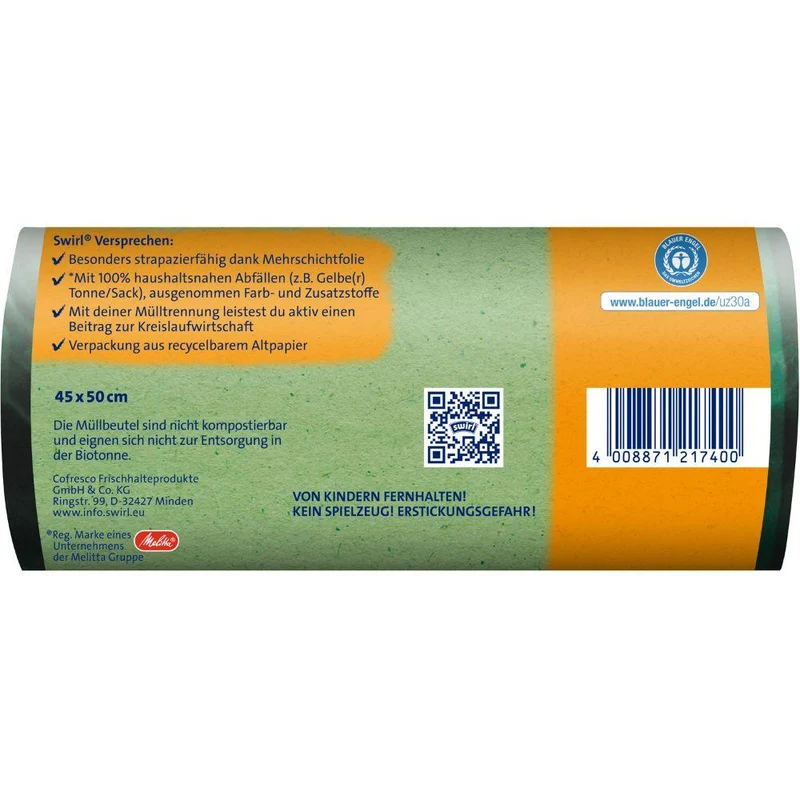 Swirl Öko-Müllbeutel mit Zugband 20 l Reißfest & Dicht | Rolle (18 Beutel)