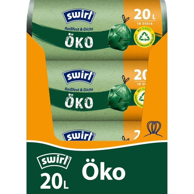 Swirl Öko-Müllbeutel mit Zugband 20 l Reißfest & Dicht | Rolle (18 Beutel)