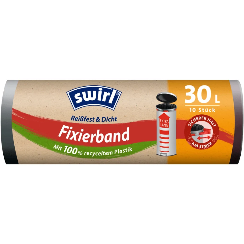 Swirl Fixierband-Müllbeutel XL 30 l extra Lang | Rolle (10 Beutel)