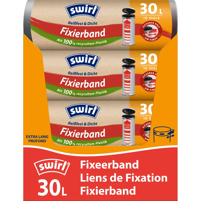 Swirl Fixierband-Müllbeutel XL 30 l extra Lang | Rolle (10 Beutel)