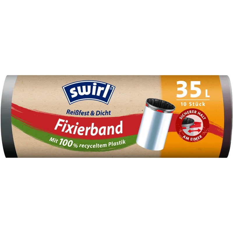 Swirl Fixierband-Müllbeutel 35 l Reißfest & Dicht | Rolle (10 Beutel)