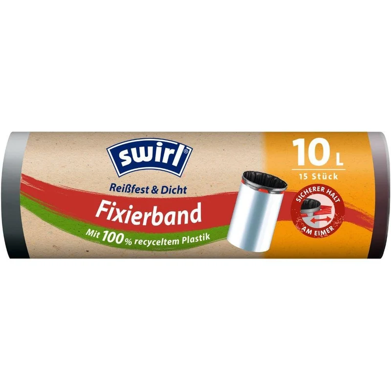 Swirl Fixierband-Müllbeutel 10 l Reißfest & Dicht | Rolle (15 Beutel)