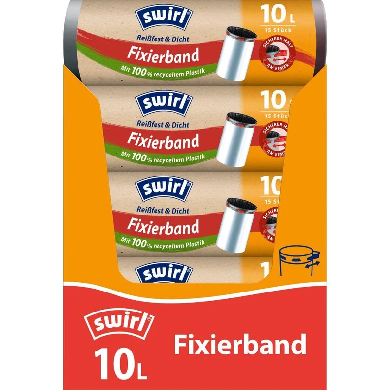 Swirl Fixierband-Müllbeutel 10 l Reißfest & Dicht | Rolle (15 Beutel)