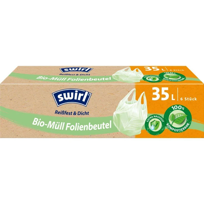 Swirl Bio-Müll Folienbeutel mit Tragegriff 35 l Reißfest & Dicht quer | Rolle (6 Beutel)