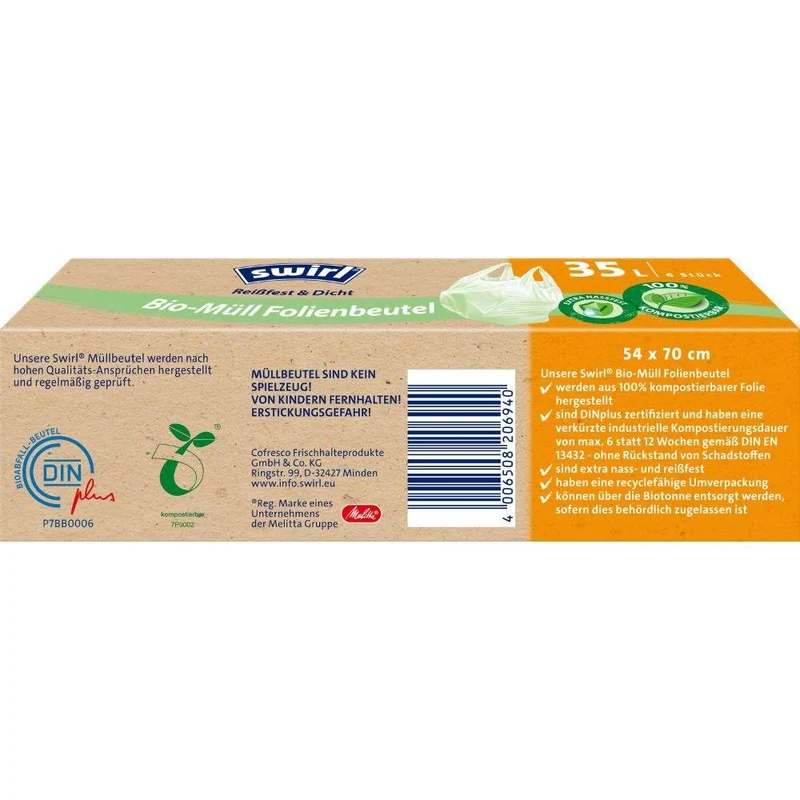 Swirl Bio-Müll Folienbeutel mit Tragegriff 35 l Reißfest & Dicht quer | Rolle (6 Beutel)