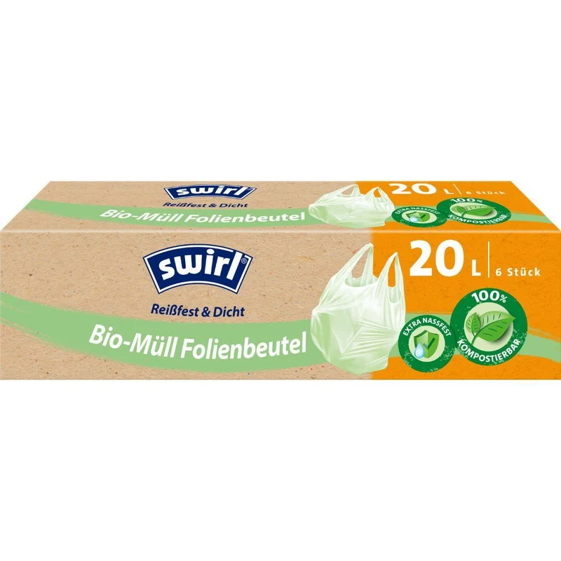Swirl Bio-Müll Folienbeutel mit Tragegriff 20 l Reißfest & Dicht quer | Rolle (6 Beutel)