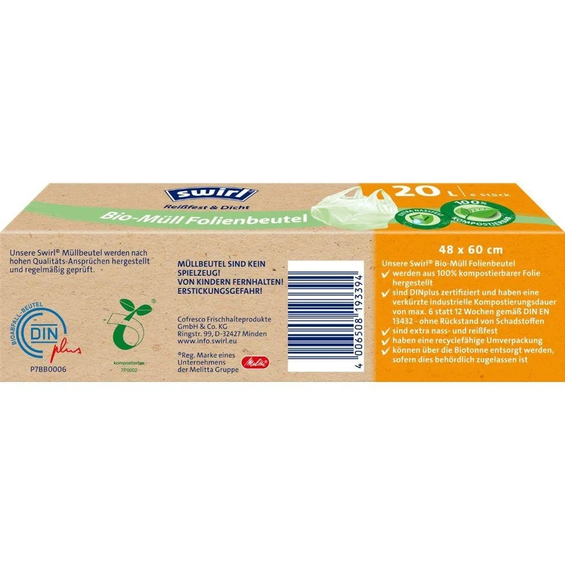 Swirl Bio-Müll Folienbeutel mit Tragegriff 20 l Reißfest & Dicht quer | Rolle (6 Beutel)