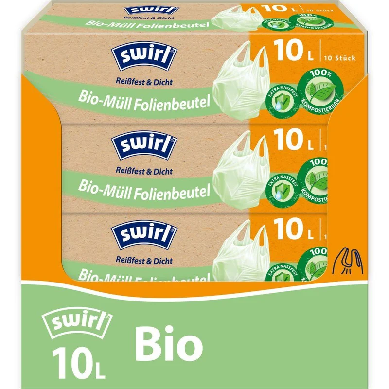 Swirl Bio-Müll Folienbeutel mit Tragegriff 10 l Reißfest & Dicht quer | Rolle (10 Beutel)