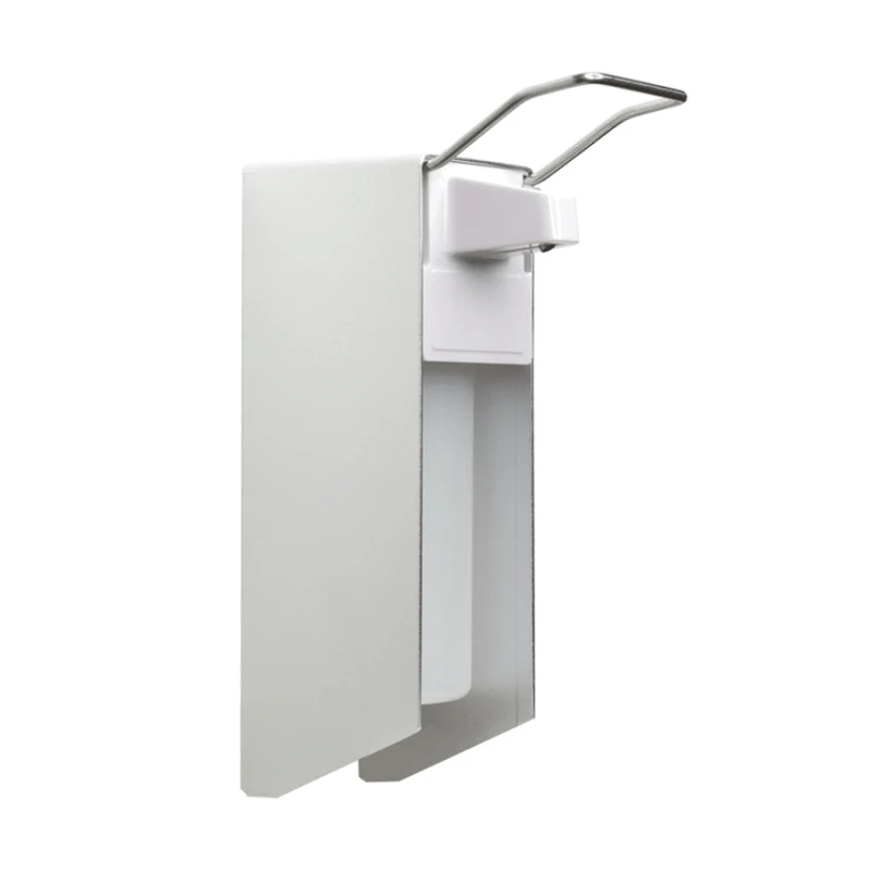 NITRAS Desinfektionsmittelspender mit Armhebel, Aluminium / Kunststoff, silber / weiß, inkl. Wandbefestigungsmaterial, für 500 ml Flaschen | Packung (1 Stück)
