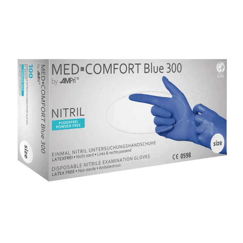 AMPri MED-COMFORT BLUE 300 Nitrilhandschuhe extra Lang puderfrei, blau | Box (100 Stück)
