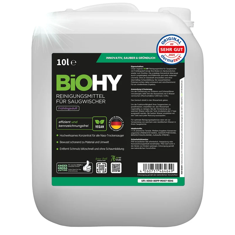 BiOHY détergent pour raclettes aspirantes, nettoyant pour aspirateurs eau et poussières, entretien des sols, nettoyant