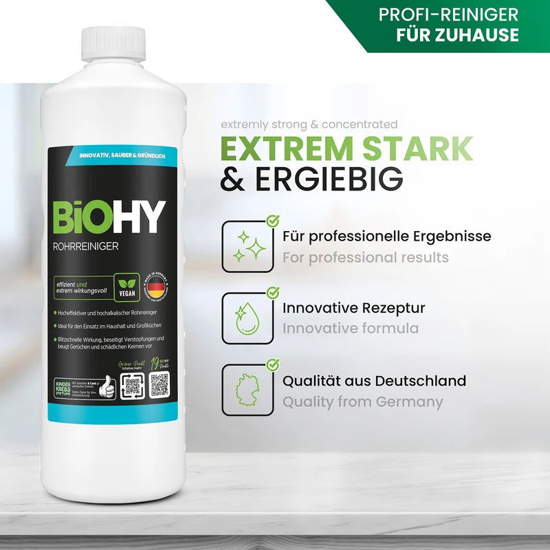 BiOHY déboucheur de tuyaux, déboucheur de canalisations, produit sans matières premières, concentré professionnel