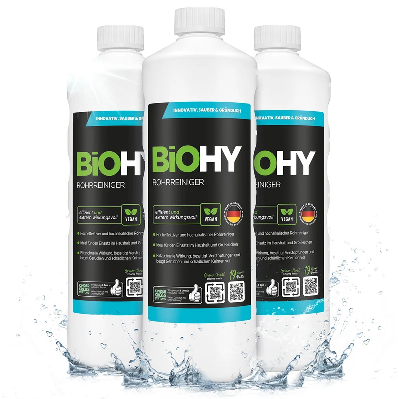 BiOHY déboucheur de tuyaux, déboucheur de canalisations, produit sans matières premières, concentré professionnel