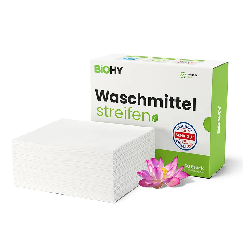 BiOHY lessive en feuilles, lessive en bandes, lessive de voyage, papier de toilette hydrosoluble