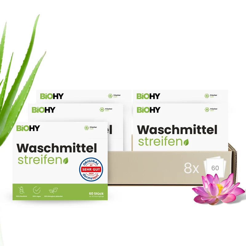 BiOHY lessive en feuilles, lessive en bandes, lessive de voyage, papier de toilette hydrosoluble