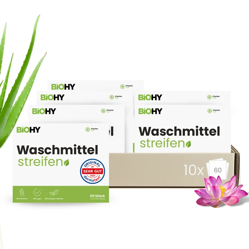 BiOHY lessive en feuilles, lessive en bandes, lessive de voyage, papier de toilette hydrosoluble