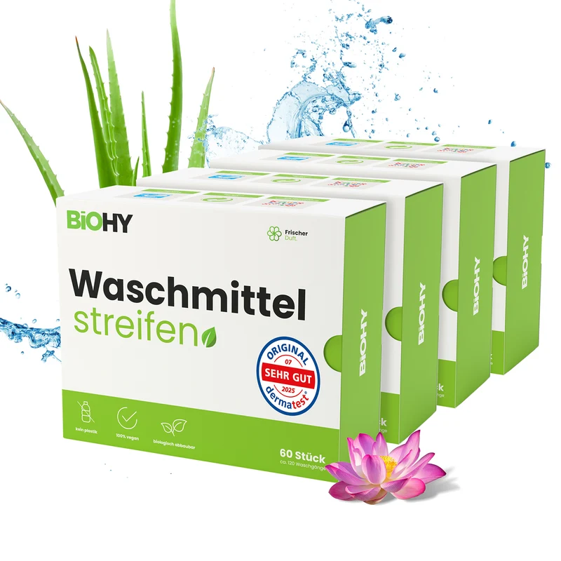 BiOHY lessive en feuilles, lessive en bandes, lessive de voyage, papier de toilette hydrosoluble