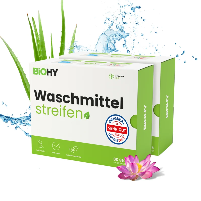 BiOHY lessive en feuilles, lessive en bandes, lessive de voyage, papier de toilette hydrosoluble