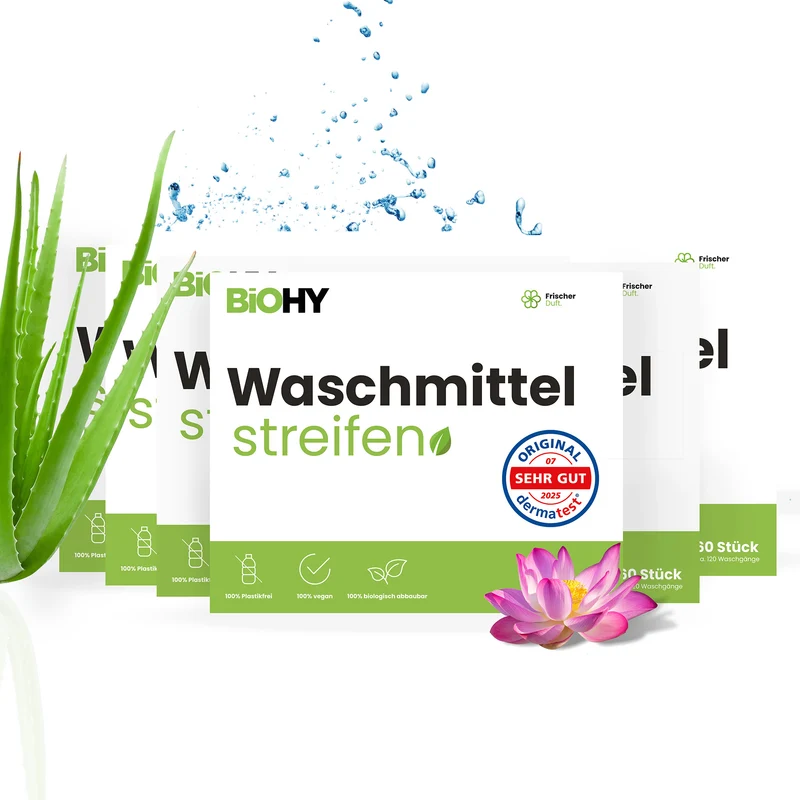 BiOHY lessive en feuilles, lessive en bandes, lessive de voyage, papier de toilette hydrosoluble